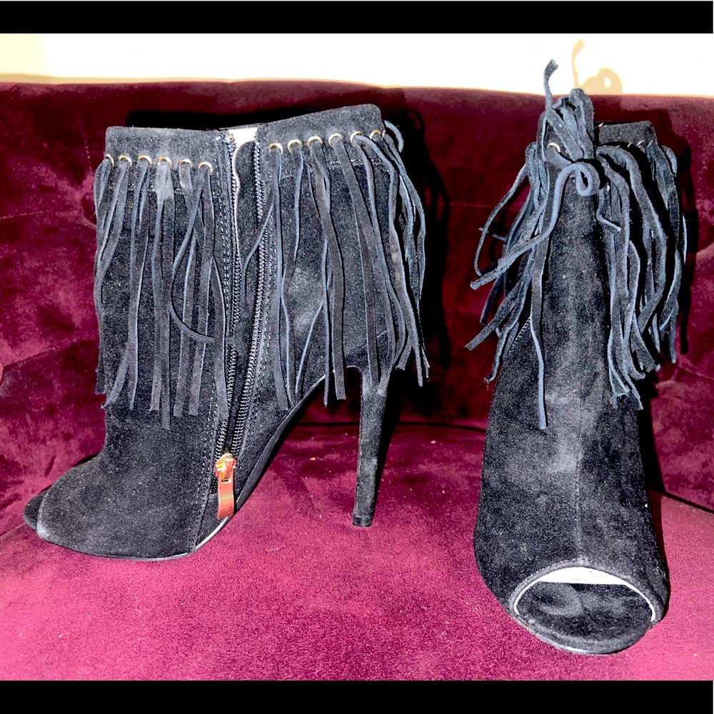 Suede Fringe Peep toe ankle boots